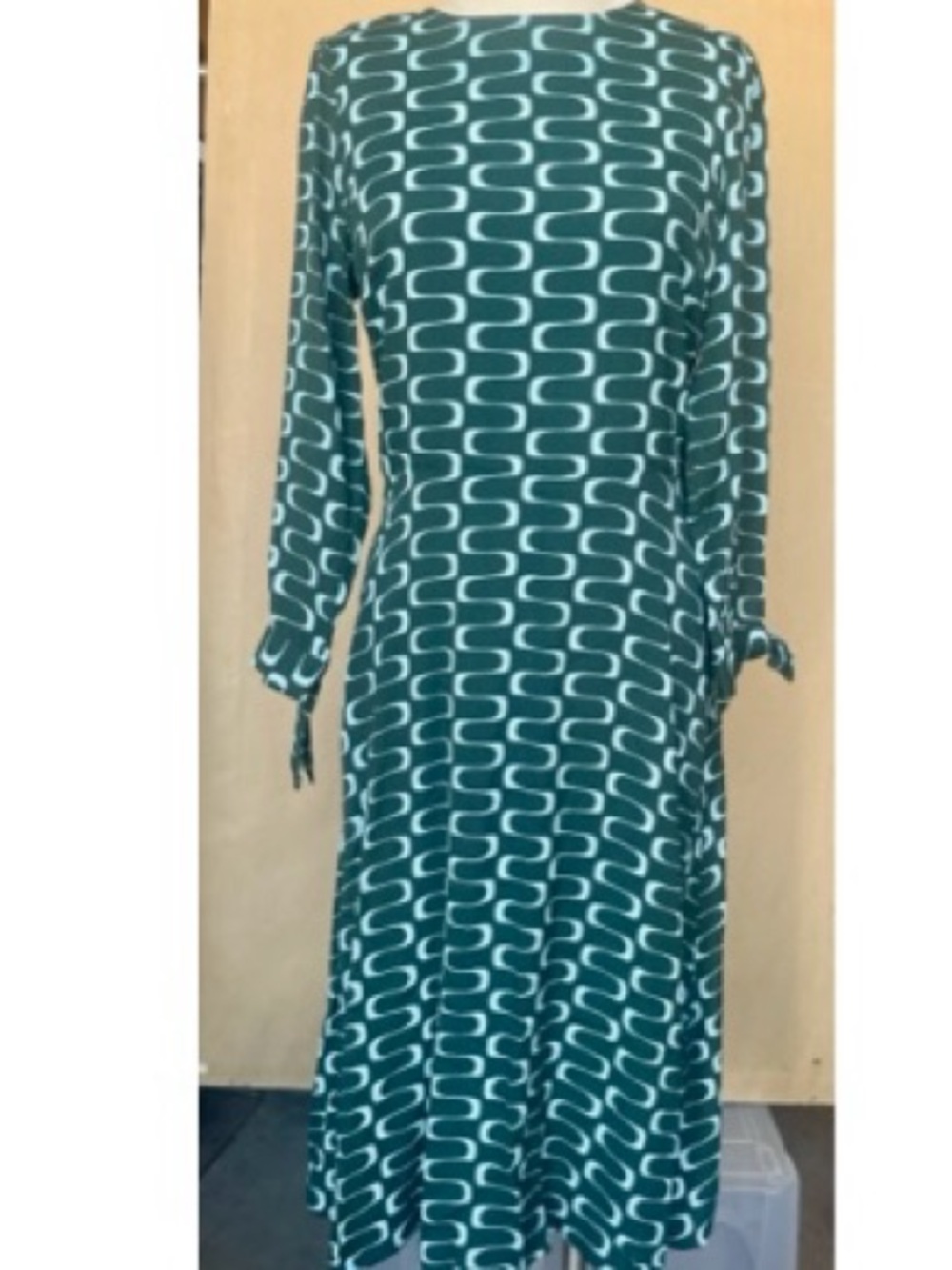 Reformation Teal and White Wave-Print Long Sleeve Midi Dress
